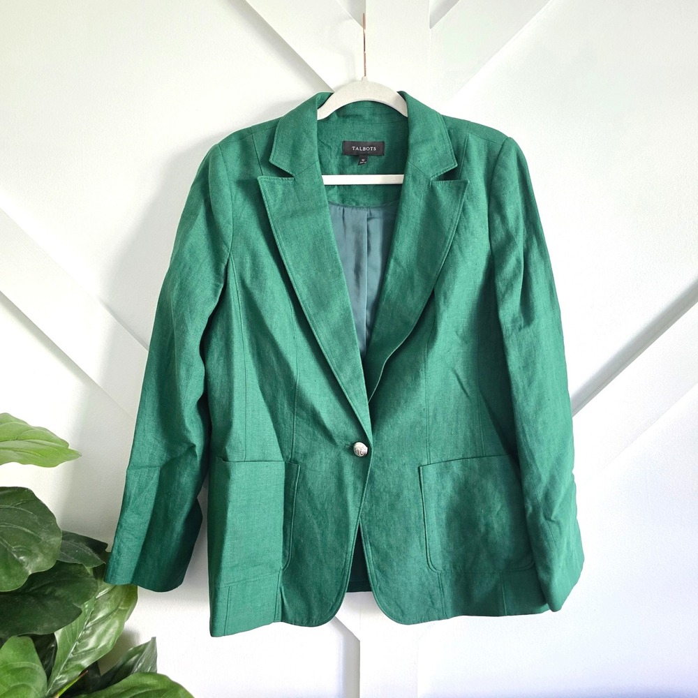 Talbots Blazer Women 12 Green 100% Linen One-Button Crest Button Lined Blazer